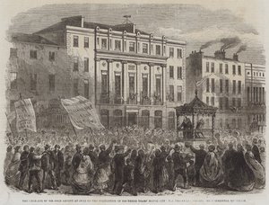Die Ehrung von Sir John Arnott in Cork nach Abschluss seiner dreijährigen Amtszeit als Bürgermeister, die Prozession passiert die Handelsgebäude (Stich) von English School
