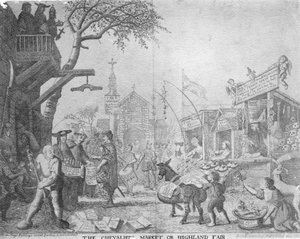 Der Markt des Chevaliers oder der Hochlandjahrmarkt, veröffentlicht von George Bickham dem Jüngeren von English School