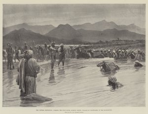Die Chitral-Expedition, Durchquerung des Swat-Flusses, Blick nach Norden; Dorf Chatedarra im Hintergrund (Lithografie) von English School