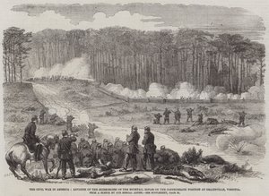 Der Bürgerkrieg in Amerika, Vorrücken der Scharmützler der Bucktail Rifles auf die konföderierte Position bei Drainsville, Virginia (Stich) von English School