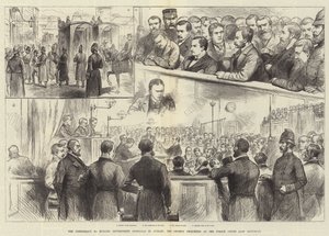 Die Verschwörung zur Ermordung von Regierungsbeamten in Dublin, die zwanzig Gefangenen am letzten Samstag vor dem Polizeigericht von English School