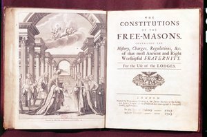 Die Konstitutionen der Freimaurer von Dr. James Anderson, veröffentlicht in London 1723 von English School