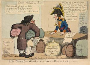 Das Konsularlager oder ein großer Mann an den Tresen genagelt, veröffentlicht 1802 (handkolorierte Gravur)