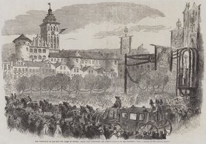 Die Krönung des Königs und der Königin von Preußen, Einzug in Königsberg, die Kutsche der Königin in der Prozession (Stich) von English School