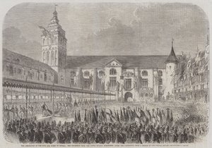 Die Krönung des Königs und der Königin von Preußen, die Prozession von der Schlosskirche, Königsberg, nach der Krönung (Stich) von English School