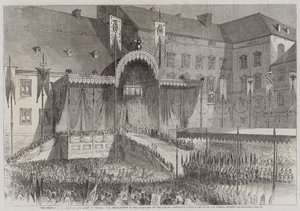Die Krönung des Königs und der Königin von Preußen, die Proklamation im Schlosshof, Königsberg (Stich) von English School