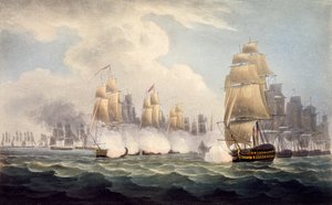 Die Niederlage der Franzosen unter Linois durch das Geschwader von Commodore Dance, 15. Februar 1804, aus The Naval Chronology of Great Britain von J. Ralfe