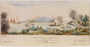 Die Zerstörung des Piratenverstecks von Carang Carang im Nordosten der Insel Sulu durch die Boote der H.M.S. Nassau im Jahr 1872