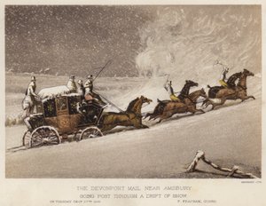 Die Devonport-Post, nahe Amsbury, durch einen Schneeverwehung fahrend von English School