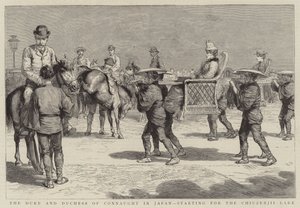 Der Herzog und die Herzogin von Connaught in Japan, Abfahrt zum Chiuzenjii-See (Gravur) von English School