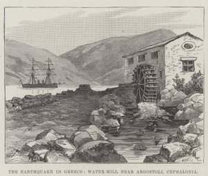 Das Erdbeben in Griechenland, Wassermühle bei Argostoli, Cephalonia (Gravur) von English School