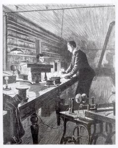 Das elektrische Licht, Mr. Edison (1847-1931) in seinem Labor