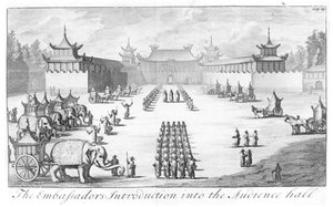 Die Einführung der Botschafter in den Audienzsaal: Empfang im chinesischen Kaiserpalast in Peking für die Botschaft von Zar Peter dem Großen, geleitet von Evert Isbrandz. Ides, aus Three Years Travels from Mo von English School