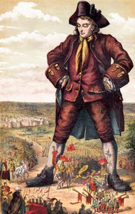 Der Kaiser von Lilliput und seine Armee marschieren zwischen Gullivers Beinen, aus 