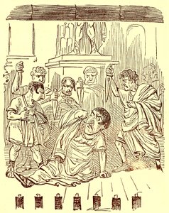 Das Ende von Julius Caesar, Illustration aus Die komische Geschichte Roms von Gilbert Abbott a Beckett, veröffentlicht um 1850 von English School
