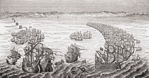 Die englische Flotte unter dem Kommando von Sir Francis Drake greift die spanische Armada 1588 an, aus 
