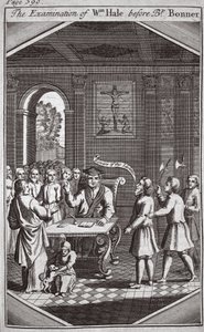Die Vernehmung von Wm Hale vor Bischof Bonner, Illustration aus Foxes Märtyrer, ca. 1703 von English School