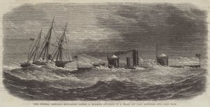 Der Bundes-Eisenpanzer Monadnock schleppt ein beschädigtes Kanonenboot in einem Sturm vor Cape Hatteras (Stich) von English School