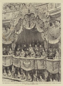 Die Festlichkeiten in St. Petersburg, die Kaiserliche Loge in der Oper während der Galaaufführung von "Romeo und Julia" (Stich) von English School