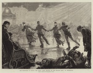 Die Festlichkeiten in Russland, die königliche Gesellschaft beim Schlittschuhlaufen auf dem Englischen Kai, St. Petersburg (Stich) von English School