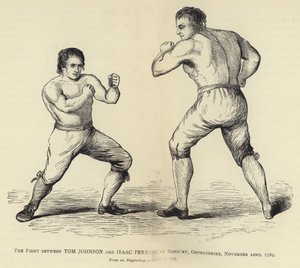 Der Kampf zwischen Tom Johnson und Isaac Perrins, in Banbury, Oxfordshire, 22. November 1789, nach einem Stich veröffentlicht 1790 von English School