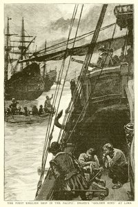 Das erste englische Schiff im Pazifik: Drakes Golden Hind in Lima von English School