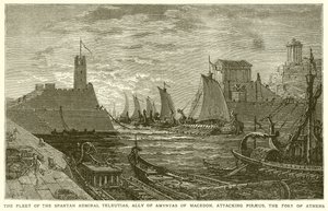 Die Flotte des spartanischen Admirals Teleutias, Verbündeter von Amyntas von Makedonien, greift Piräus, die Festung von Athen, an von English School