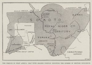 Die Franzosen in Westafrika, Karte mit schattiertem Bereich, der die britische Einflusszone zeigt (Lithografie) von English School