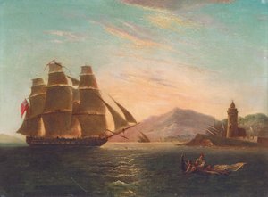Die Fregatte HMS Pearl, 32 Kanonen, fährt in den Faro, Messina ein von English School