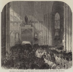 Die Beerdigung von Lord Palmerston, der Klerus empfängt den Leichnam an der Westtür der Westminster Abbey (Gravur) von English School