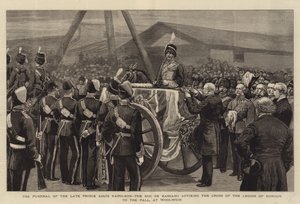 Die Beerdigung des verstorbenen Prinzen Louis Napoleon, der Duc de Bassano befestigt das Kreuz der Ehrenlegion am Sarg in Woolwich von English School