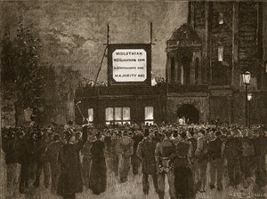 Die Parlamentswahl von 1892: Bekanntgabe der Ergebnisse im National Liberal Club, Illustration aus Cassells Illustrierter Geschichte Englands von English School