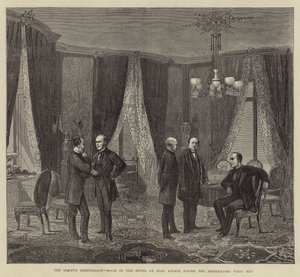 Die Genfer Schiedsgerichtsbarkeit, Raum im Hotel de Beau Rivage, wo die Schiedsrichter sich erstmals trafen (Stich) von English School