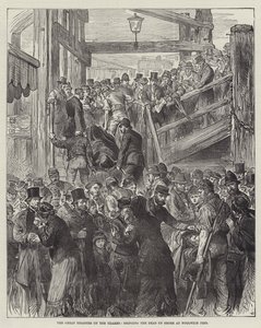 Die große Katastrophe auf der Themse, die Toten werden am Woolwich Pier an Land gebracht (Gravur) von English School