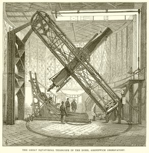 Das große Äquatorialteleskop in der Kuppel des Greenwich-Observatoriums von English School