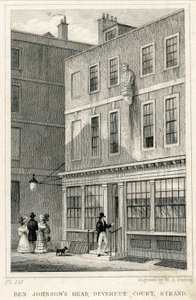Das griechische Kaffeehaus, Devereux Court, Strand, mit einer Büste von Ben Johnson (Gravur) von English School