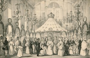 Die Hanover Square Rooms, als Königin Victoria die private Ansicht des Wohltätigkeitsbasars für Ausländer in Not am 19. Juni 1833 besuchte von English School
