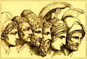 Die Helden des Trojanischen Krieges: Paris, Diomedes, Odysseus, Nestor, Achilles, Agamemnon, Illustration aus Die illustrierte Geschichte der Welt, veröffentlicht um 1880 von English School