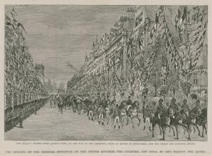 Das Imperial Institute: Ihre Majestät passiert das Queens Gate auf dem Weg zur Eröffnungszeremonie, begleitet von einer Eskorte aus Lifeguards und indischen und kolonialen Truppen von English School