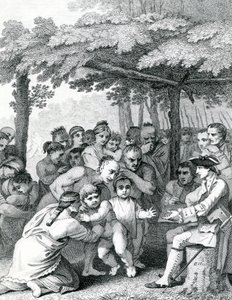 Die Indianer übergeben die englischen Gefangenen an Colonel Bouquet in der Nähe seines Lagers an den Gabelungen von Muskingham in Nordamerika, graviert von Canot, 1764 von English School