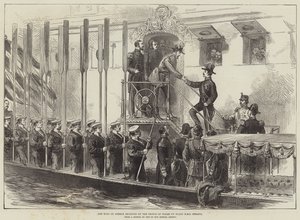 Der König von Griechenland wird vom Prinzen von Wales an Bord der HMS Serapis empfangen (Stich) von English School