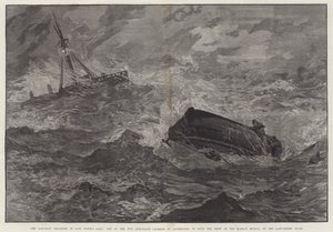 Die Katastrophen der Rettungsboote im Sturm der letzten Woche, eines der beiden Rettungsboote kenterte beim Versuch, die Besatzung der Bark Mexico an der Küste von Lancashire zu retten (Stich) von English School