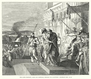 Die lügenden Propheten, Ahab und Zedekia, zur Hinrichtung verurteilt, Jeremia XXIX, 21, 22 (Gravur) von English School