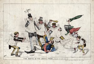 Das Motto der liberalen Presse, zeigt Napoleon III, der von der britischen Presse angegriffen wird