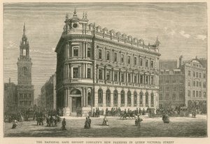 Die neuen Räumlichkeiten der National Safe Deposit Company in der Queen Victoria Street, London von English School