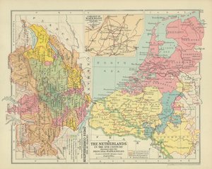Die Niederlande im XVII. Jahrhundert mit den wichtigsten Schlachtfeldern (Farblithografie) von English School