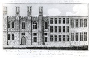 Die Nordfront des Herrenhauses in Chelsea, erbaut von König Heinrich VIII., graviert von J. Barlow, eine Illustration in A Historical and Topographical Account of Chelsea and its Environs von Thomas Faulkner von English School