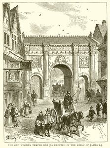 Das alte hölzerne Temple Bar (errichtet in der Regierungszeit von James I.) von English School