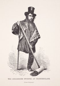 Der einbeinige Straßenkehrer in der Chancery Lane, nach einem Foto, Illustration aus London Labour and London Poor von Henry Mayhew, veröffentlicht 1862 von English School