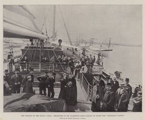 Die Eröffnung des Ostseekanals, Abfahrt von Mr. Gladstone von Tilbury an Bord der "Tantallon Castle" (Gravur) von English School